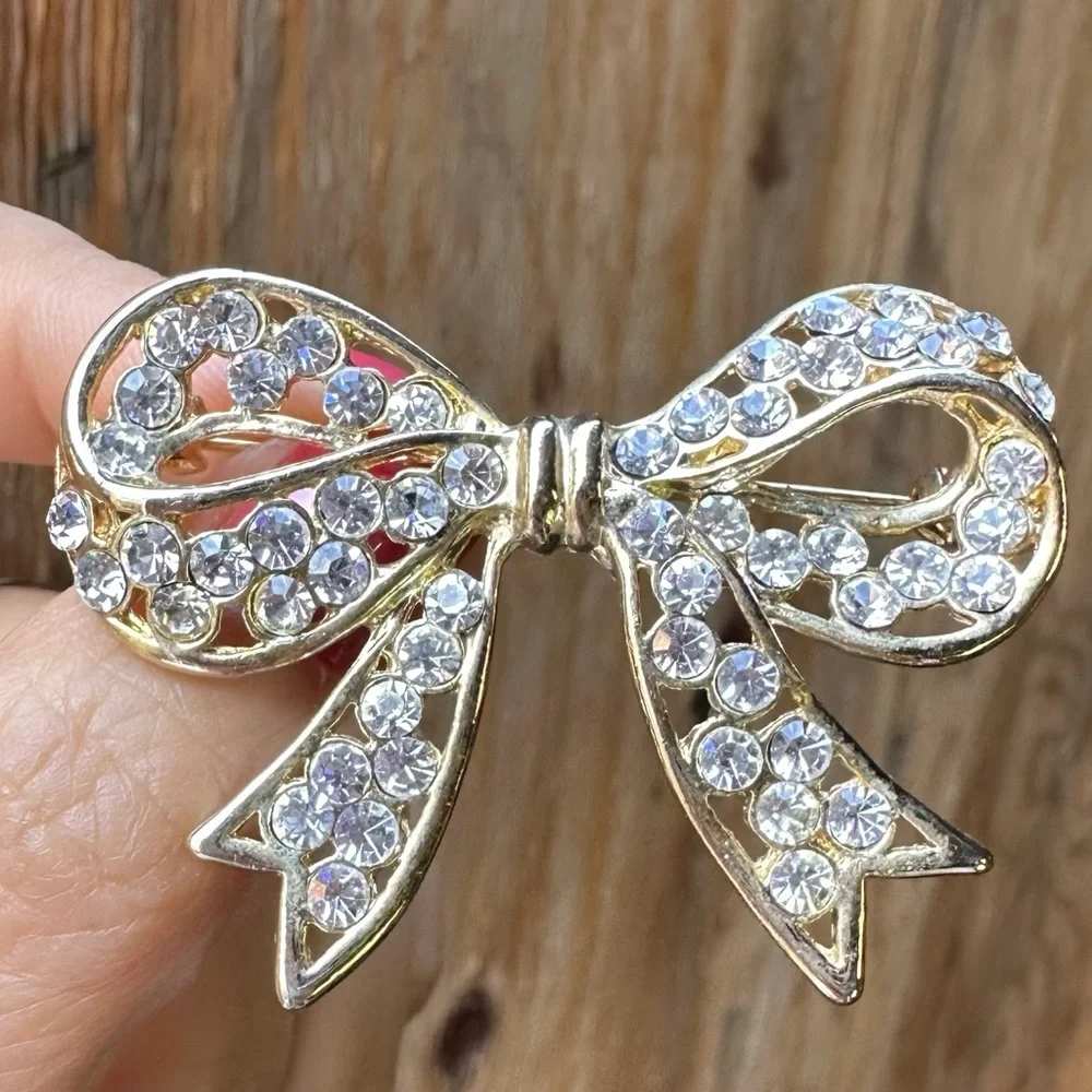 Gold Tone Rhinestone Bow, Butterfly & Reindeer Brooch Pins Lot of 3